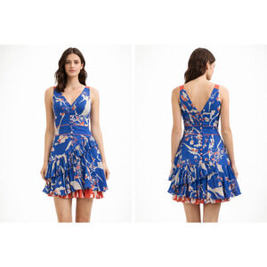 Tanya taylor Silk Floral Ruffle Dress Blue Pink Sleeveless Pleated Mini Size 2